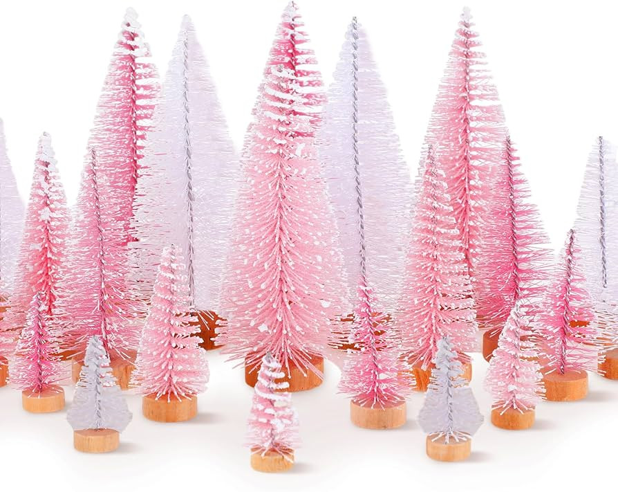 Leyndo 24 Pcs Pink White Artificial Mini Christmas Tree Xmas Sisal Bottle Brush Trees with Wood B... | Amazon (US)