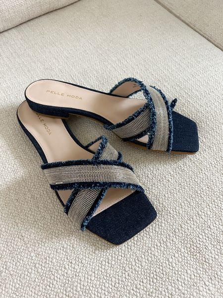 DARLING denim slides.  Superior comfy! Also available in different heel heights.  Metallic silver inlay. The perfect statement shoe for summer and fall! 

#LTKSeasonal #LTKShoeCrush #LTKStyleTip