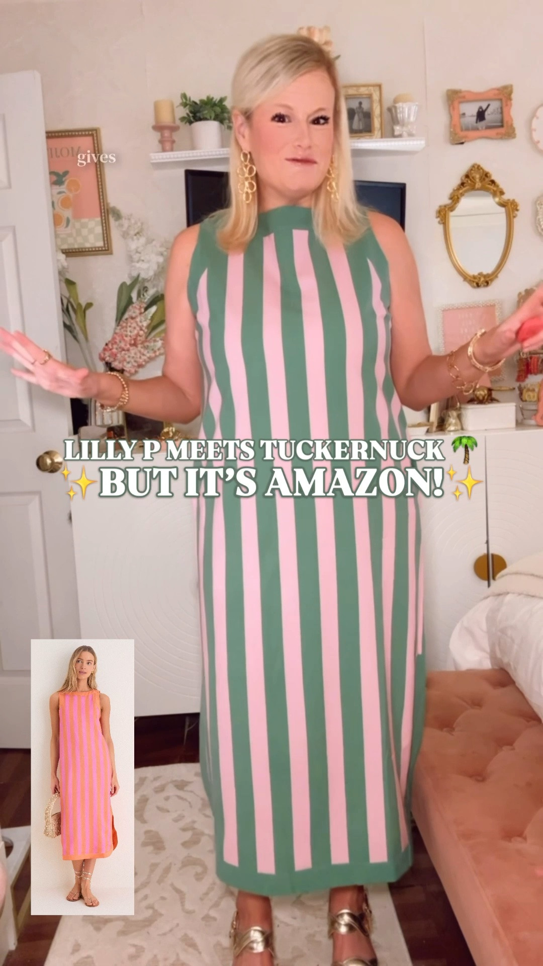 Tuckernuck Nella look for less | Lilly Pulitzer inspired dress | pink and green striped dress | Amazon Prime dress | resort dress

This pink and green Amazon Prime dress is giving Lilly Pulitzer meets Tuckernuck Nella for way less, and the colorway is so good for summer. 🌴

The pink and green cabana stripe, clean neckline, sleeveless shape, easy straight midi silhouette, rounded side slits, and polished resort prep feel make it one of those Amazon dress finds that looks instantly vacation ready. It has that bright, happy, Palm Beach style energy women love from Lilly Pulitzer and the easy designer inspired silhouette that makes the $158 Tuckernuck Nella dress so good.

I ordered both a medium and large because I was unsure on sizing. This is the large, but the medium worked fine too, so I would call it true to size. The pink and orange colorway is currently on backorder, but this pink and green is such a strong option too so don’t sleep on it! 

This is the kind of dress you pack for beach trips, resort days, vacation dinners, cruises, brunch, girls trips, poolside lunches, lake weekends, summer shopping, casual parties, and warm weather plans. 

Style it with gold sandals, raffia slides, pearl earrings, a straw tote, white sandals, wedges, or a denim jacket for a colorful summer outfit that feels very Palm Beach vacation.

Tuckernuck Nella look for less, Tuckernuck Nella dress look for less, Hyacinth House Nella look for less, Lilly Pulitzer inspired dress, Tuckernuck inspired dress, Amazon Prime dress, Amazon dress find, pink and green striped dress, cabana stripe dress, striped midi dress women, sleeveless midi dress, straight midi dress, resort dress women, vacation dress women, beach vacation dress, summer midi dress, Palm Beach style dress, colorful summer dress, designer look for less

#LTKFindsUnder50 #LTKFindsUnder100 #PreppyStyle #LookForLess #Tuckernuck #LillyPulitzer #ResortStyle #SummerDress #SummerOutfits

#LTKootd #LTKTravel #LTKPetite