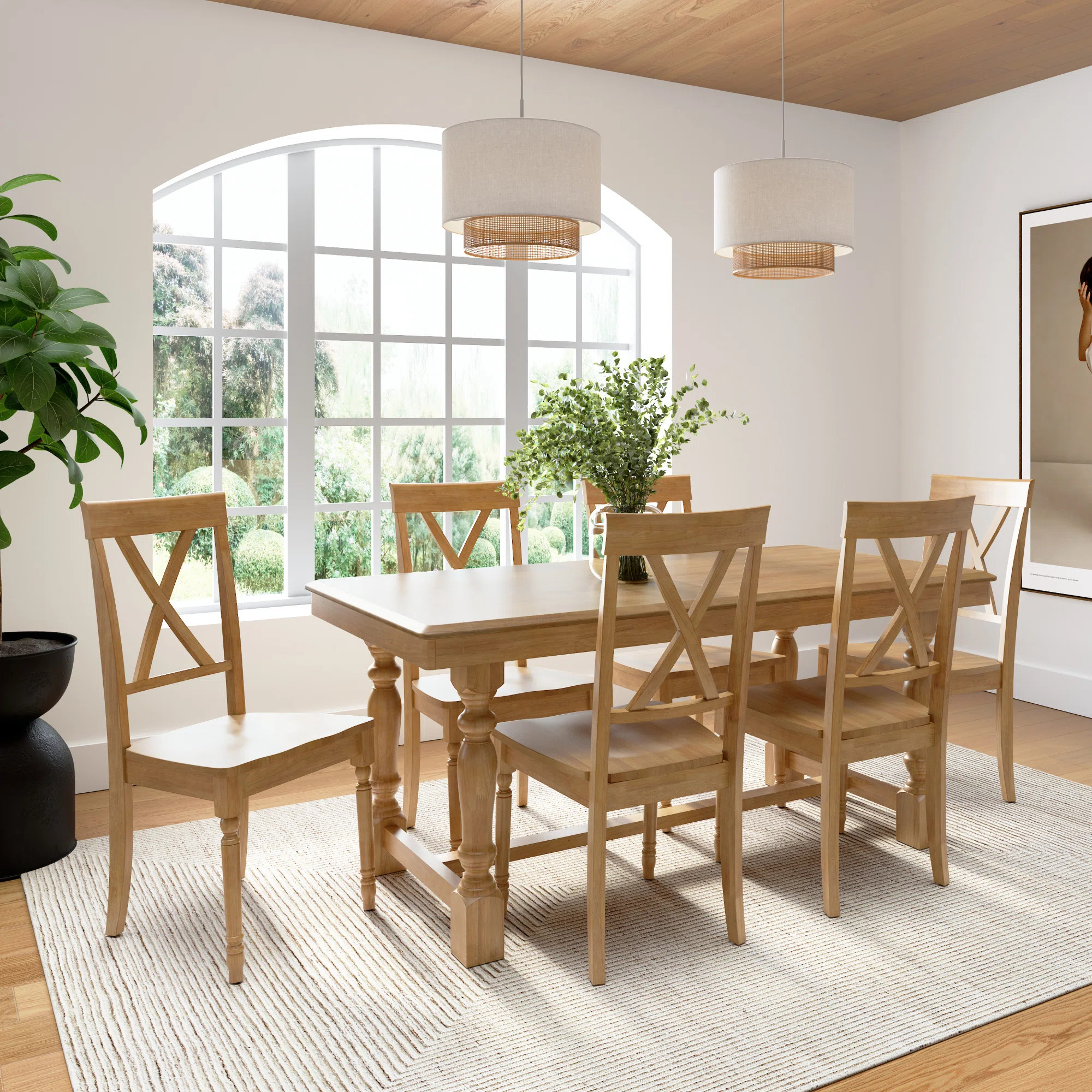 Clairvin 67W Farmhouse Squire Trestle Dining Table With 6 Cross Back Dining Chairs | Wayfair North America