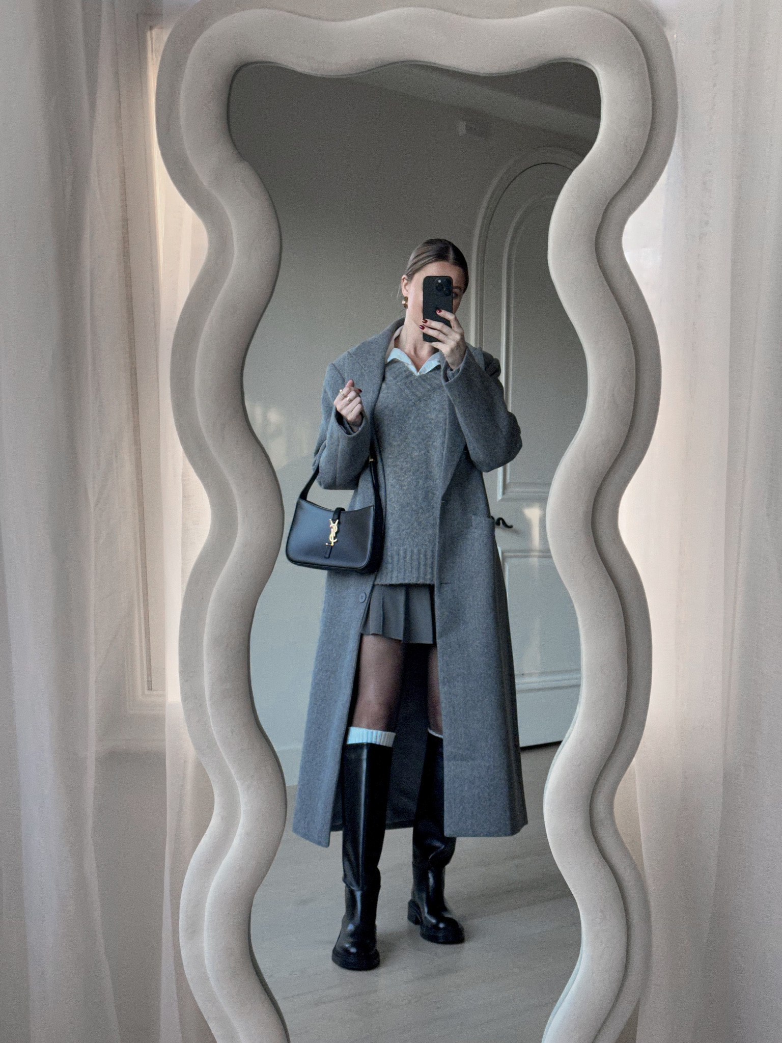 Oversized coat outfit inspo 🤍 Wearing coat size XS, shirt XS, sweater S, skirt size 2 (skirt runs a little small) 