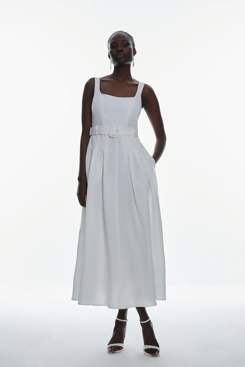 Linen Seamed Detail Full Skirted Midi Dress | Karen Millen UK + IE + DE + NL