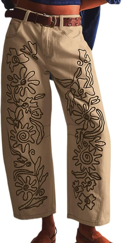 Embroidered Jeans for Women Barrel Pants Baggy Jean Y2k Boyfriend Cheetah Print Mid Rise Denim Ankle Pants | Amazon (US)