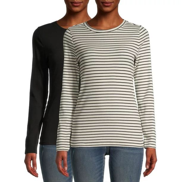 Time and Tru Women's Long Sleeve Ribbed T-Shirt, 2 Pack | Walmart (US)