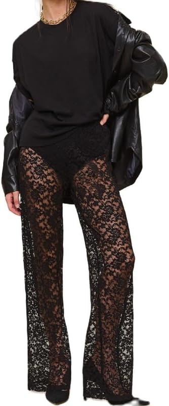 Women Sexy Lace See Through Pants Sheer Mesh Low Waist Stretchy Slim Trouser Hollow Out Skinny Le... | Amazon (US)