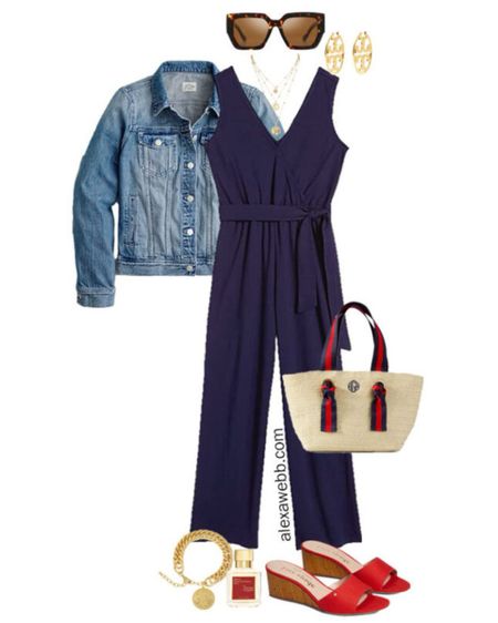 Plus Size Navy Jumpsuit Outfit with a denim jacket, Tory Burch statement earrings, straw tote, and red sandals - Alexa Webb

#LTKPlusSize #LTKStyleTip #LTKSeasonal