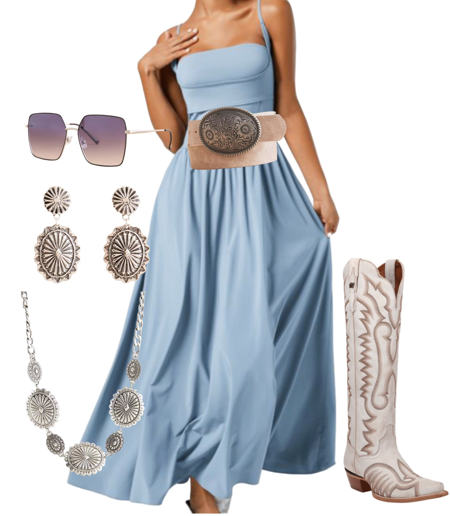 Simple spring western look! Dress paired with boots & accessories! Would be cute for country concert or festival 

#LTKStyleTip #LTKShoeCrush #LTKSeasonal
