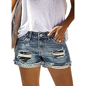 Grimgrow Women's Casual Ripped Jean Shorts Mid Rise Distressed Denim Shorts | Amazon (US)
