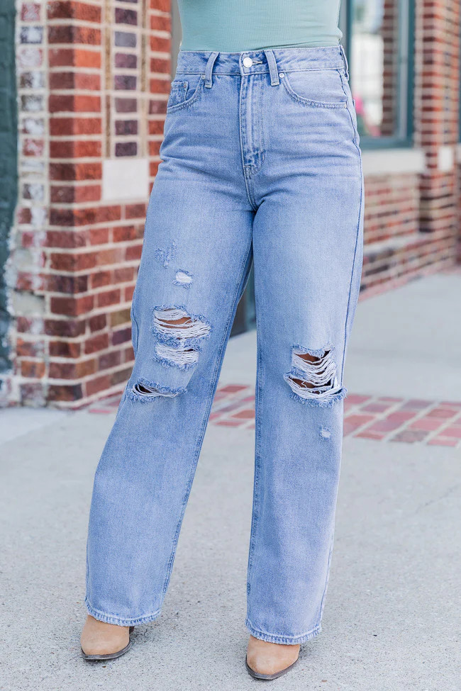 Never Forget Light Wash Distressed Dad Jeans FINAL SALE | Pink Lily