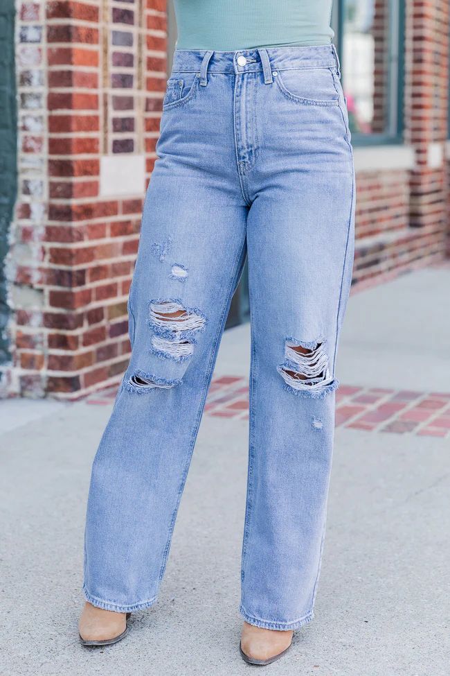 Never Forget Light Wash Distressed Dad Jeans | Pink Lily