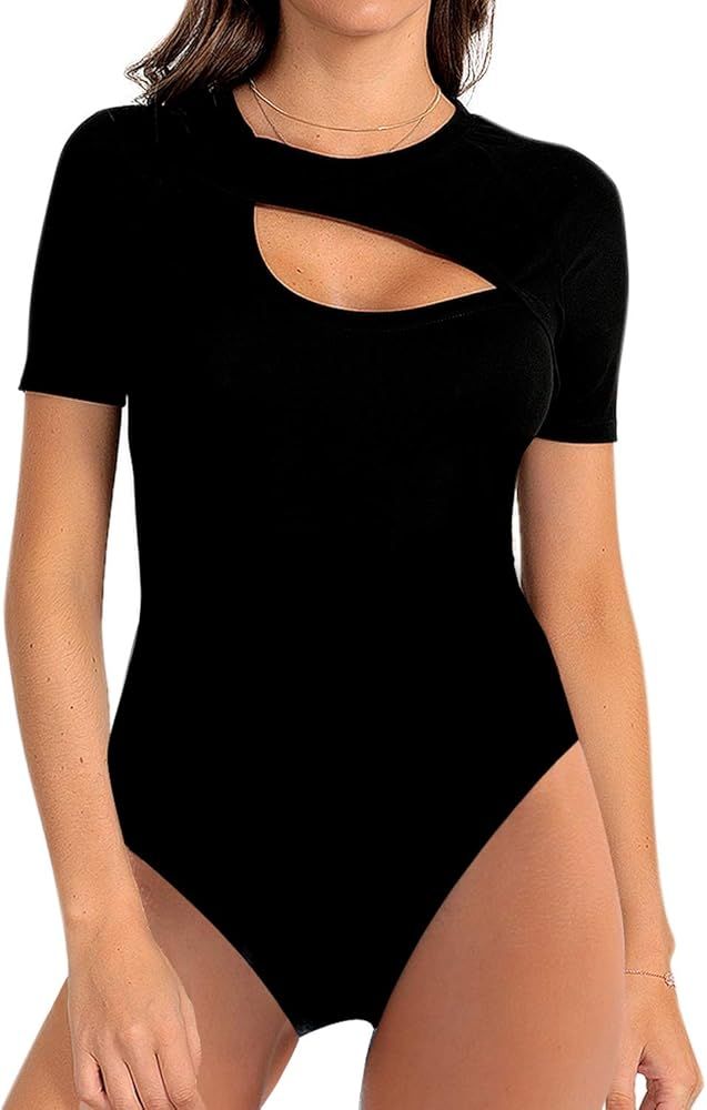 Amazon.com: Blooming Jelly Women's Black Bodysuit Short Sleeve T Shirt Basic Round Neck Cut Out S... | Amazon (US)