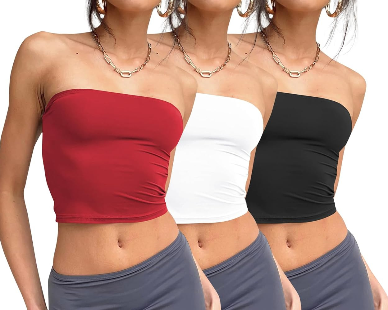 Trendy Queen Womens 3 Pack Tube Tops Crop Going Out Strapless Basic Backless Bandeau Bra Summer O... | Amazon (US)