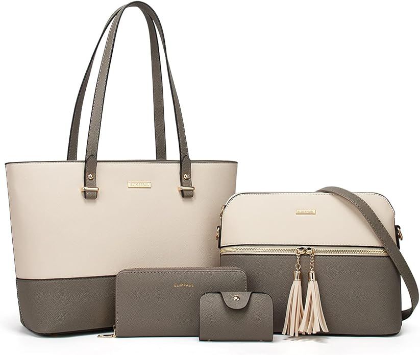 Women Fashion Synthetic Leather Handbags Tote Bag Shoulder Bag Top Handle Satchel Purse Set 4pcs | Amazon (US)