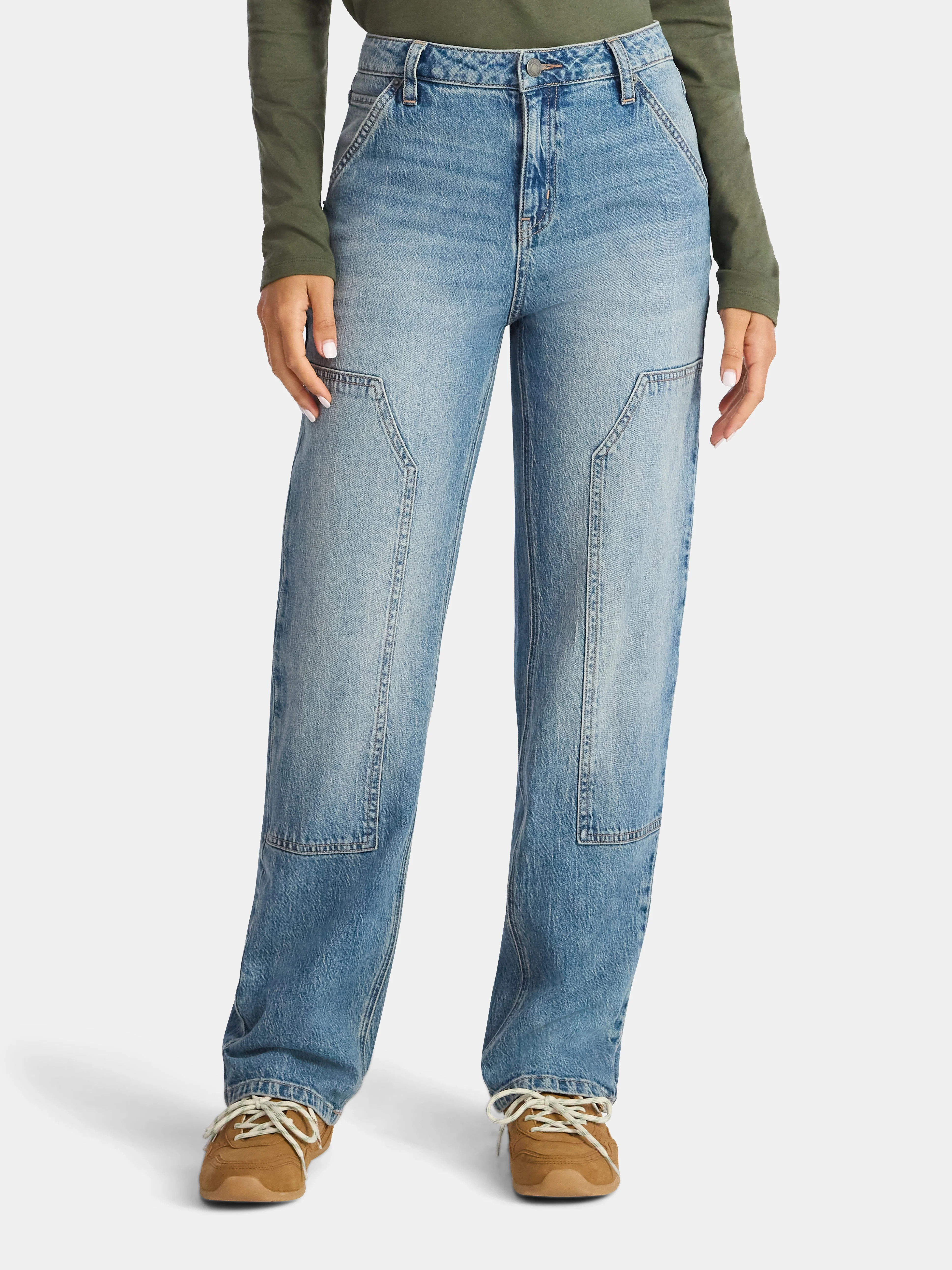 Time and Tru Women's High Rise Straight Jeans with Carpenter Details, 30" Inseam, Sizes 0-20 | Walmart (US)