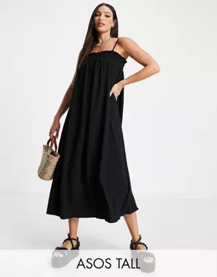 ASOS DESIGN Tall elasticated bodice textured slip maxi swing dress in black | ASOS (Global)
