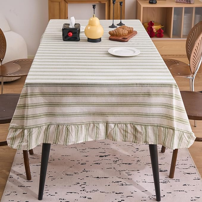 vctops Farmhouse Sage Green Stripe Ruffle Table Cloth, Boho Cotton Linen Tablecloth, Washable Tab... | Amazon (US)