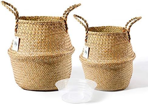 POTEY 720101 Seagrass Plant Basket Set of 2 - Hand Woven Belly Basket with Handles, Middle Storag... | Amazon (US)