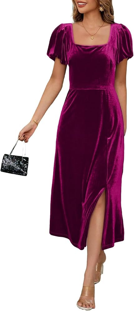 BLENCOT Women's Casual Fall Short Sleeve Square Neck Midi Dress Side Slit Velvet Wedding Guest Fl... | Amazon (US)