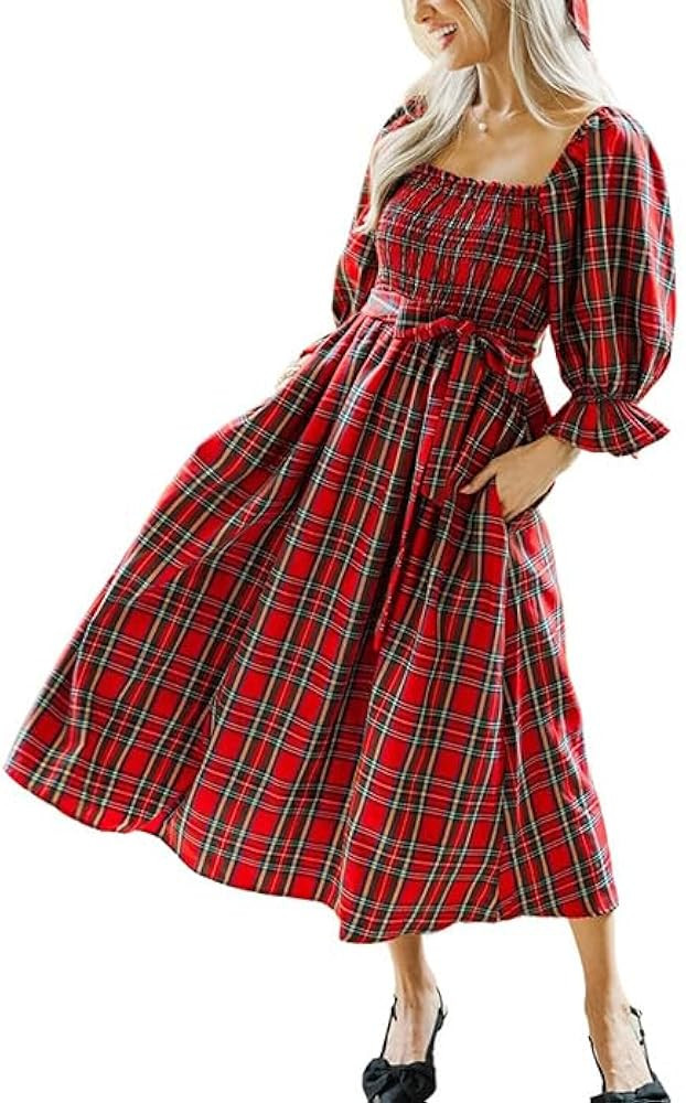 Women Christmas Plaid Sleeveless Maxi Dress Fall Ruffle Sleeve Cocktail Long Dresses Vintage Ging... | Amazon (US)