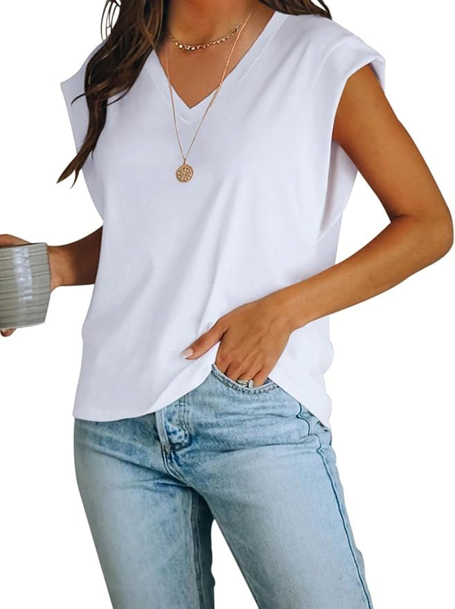 Tankaneo Women Cap Sleeve Tank Top V Neck T Shirts Summer Casual Loose Fit Basic Tees Tops | Amazon (US)