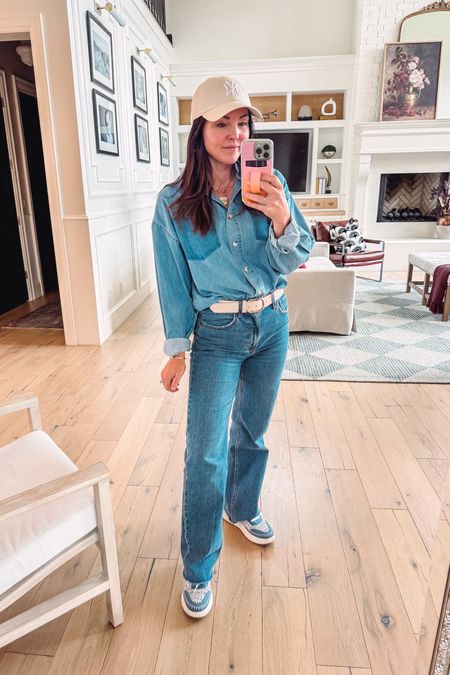 Been living in this denim shirt- it’s the perfect staple top that can be worn buttoned up or layered as a light jacket. 

Pipe jeans Abercrombie tts 
Chloe look a like sneakers from target- also linked dolce vita brand if you want blue.
NY neutral baseball hat. 
