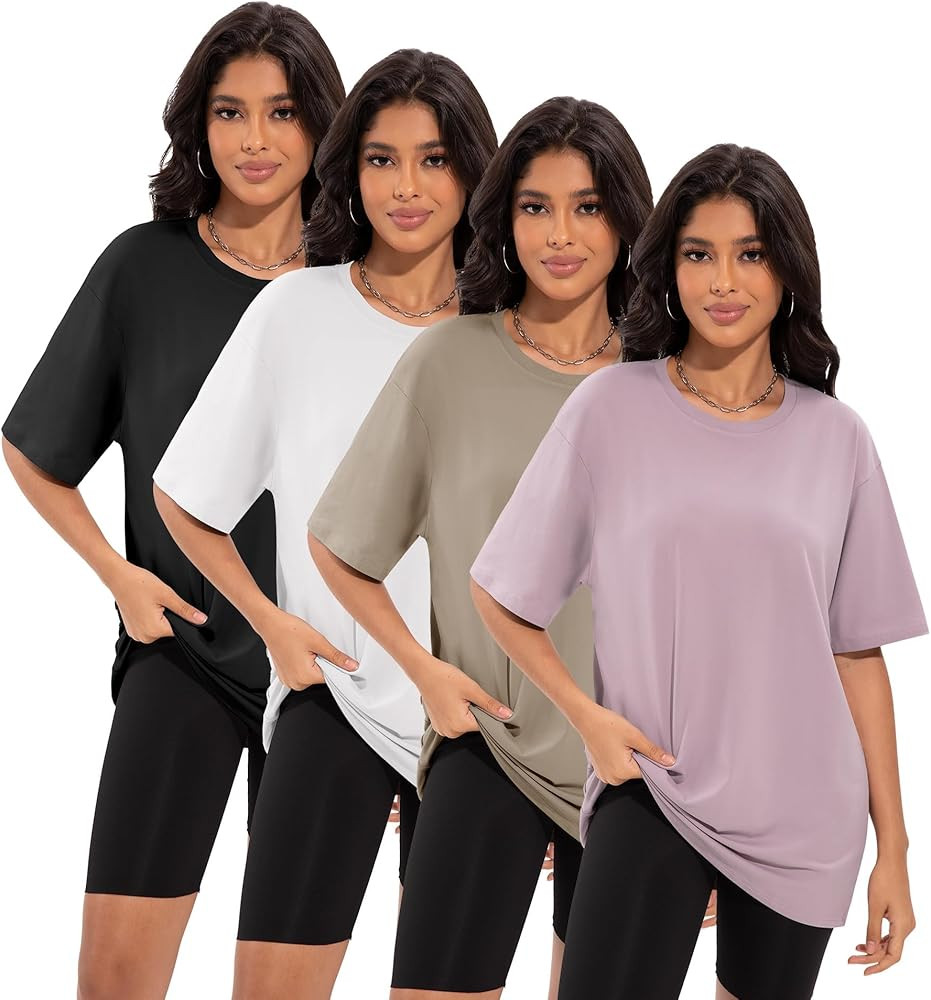 4 Pack Oversized Tshirts for Women, Loose Fit Crew Neck Summer Baggy Tops Workout Tees Plus Size ... | Amazon (US)