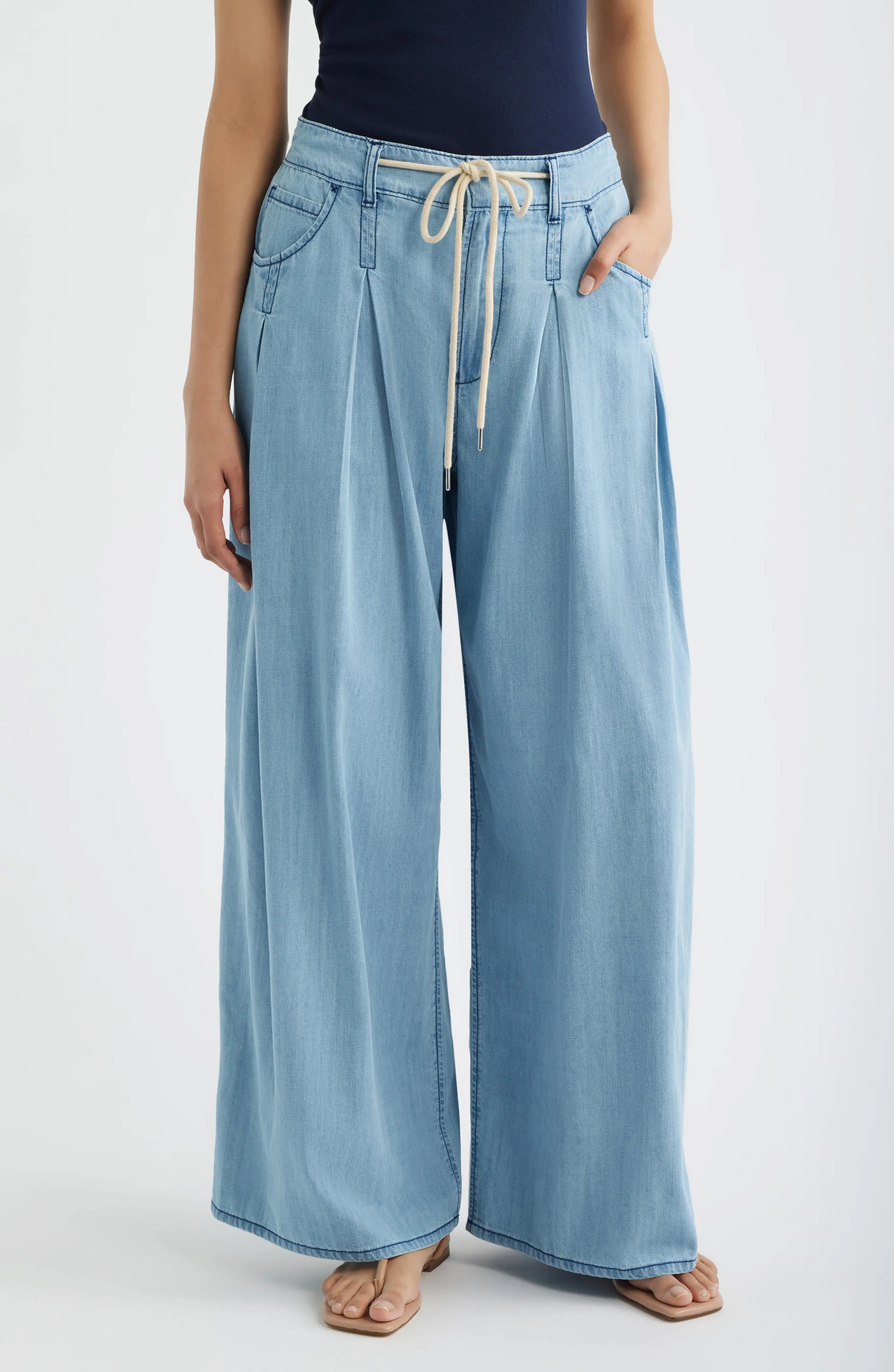 Pleated Drawstring Wide Leg Denim Pants (Women) | Nordstrom | Nordstrom