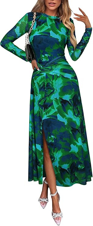 ECOWISH Long Sleeve Midi Formal Dress Women Fall Ruched Bodycon Party Cocktail Club Mesh Dresses ... | Amazon (US)