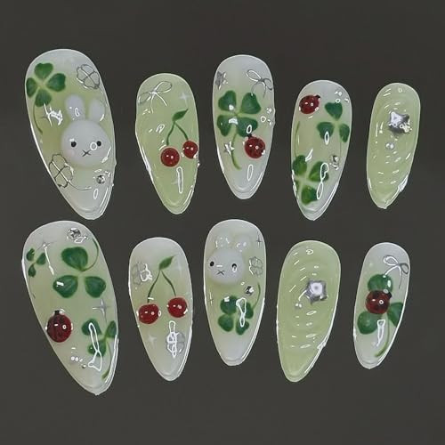 24Pc St. Patrick's Day Press on Nails Almond Medium Glitter Lucky Four-Leaf Clover Fake Nail Tip Green Shamrock Irish Design,Cute 3D Cherry Bunny Nail Set,Green Kawaii Nail Gift for Women DIY Manicure | Amazon (US)