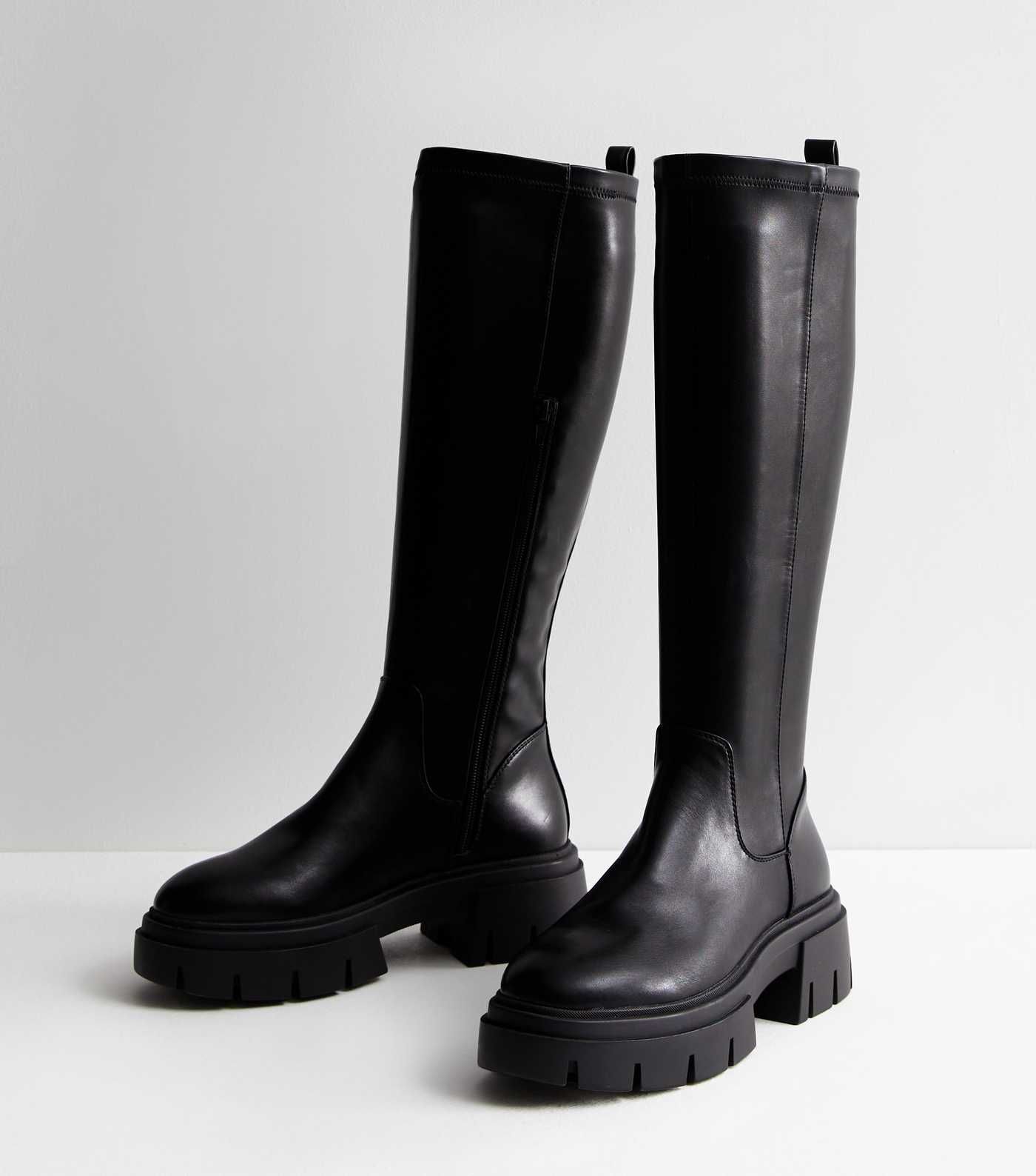 Extra Calf Fit Black Leather-Look Chunky Knee High Boots
						
						Add to Saved Items
						Re... | New Look (UK)