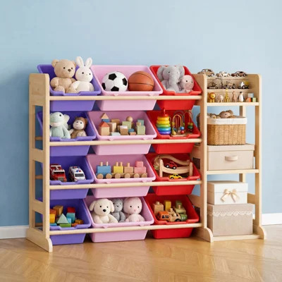 Solid Wood Kids Toy Storage Organizer Cabinet, 12 Bins & 3 Open Shelves | Wayfair North America