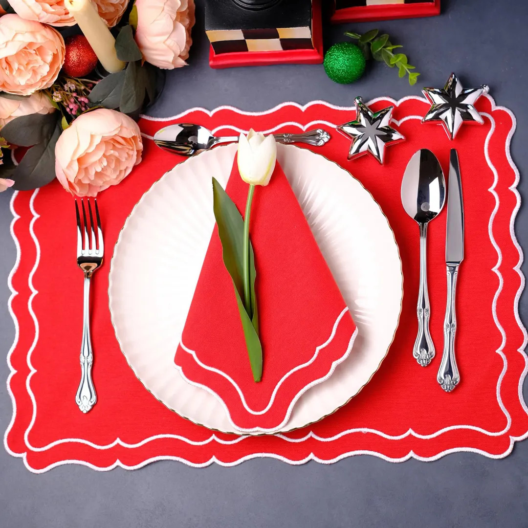 Red Scalloped Edge Placemat & Napkin Set- Custom Fabric and Threat Color-holiday Tableware - Etsy | Etsy (US)