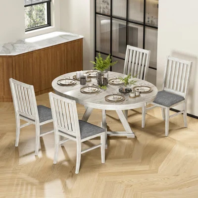 Extendable Dining Table Set with Upholstered Chairs, Solid Wood Oval/Round Kitchen Table and Chairs Set, Mid-Century Modern Farmhouse Dining Room Tabl | Wayfair North America