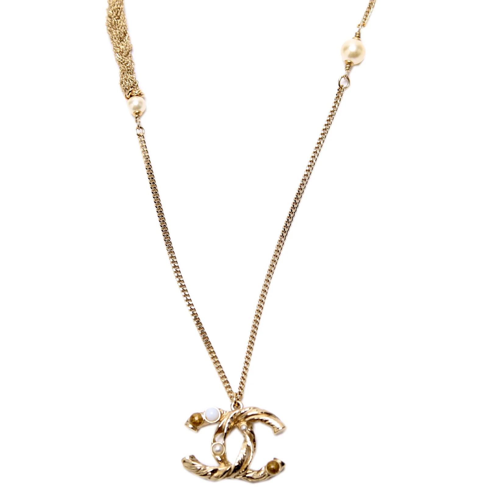 CC Pendant Pearl/Braided Chain Gold | Keeks Designer Handbags