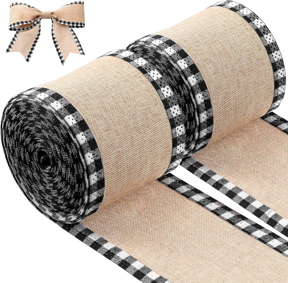 2 Rolls Christmas Buffalo Plaid Wired Edge Ribbons Christmas Tree Burlap Fabric Craft Ribbon Wrap... | Amazon (US)
