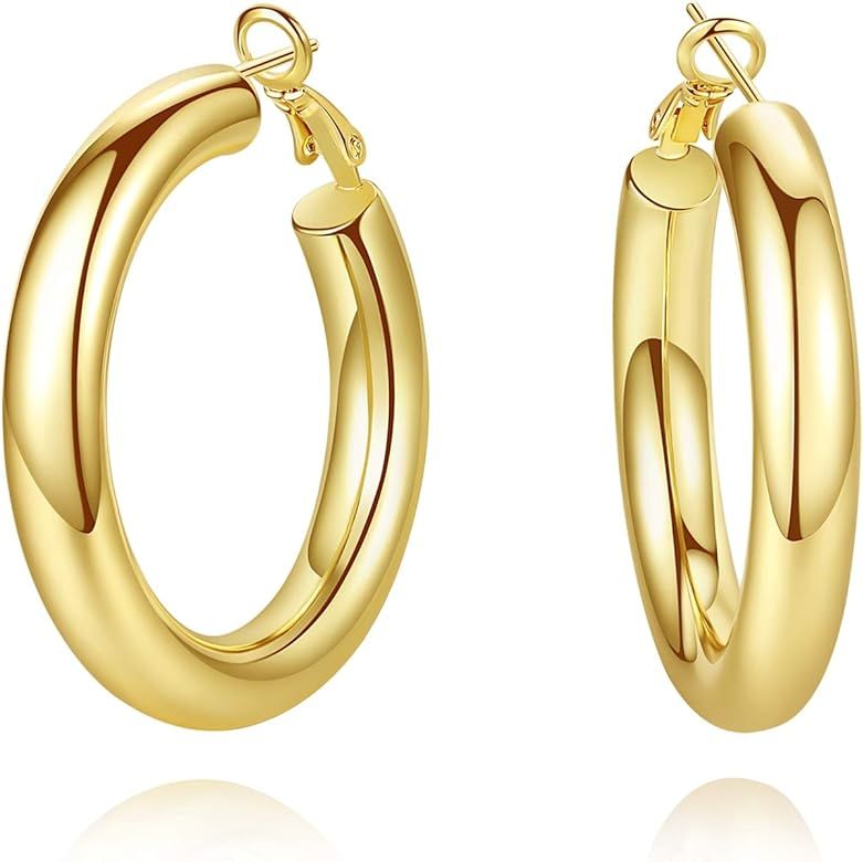 SHOWNII Chunky Gold Hoop Earrings, 14K Gold Plated Chunky Tube Hoop Earrings for Women Lightweight T | Amazon (US)