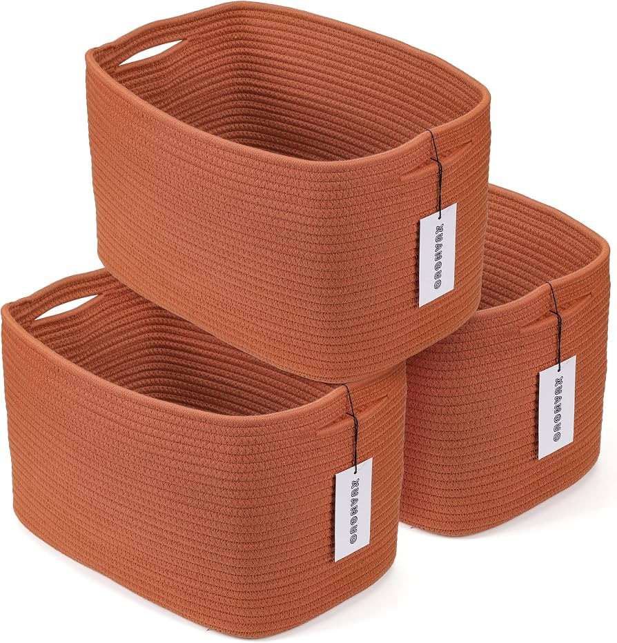 XUANGUO Woven Cotton Rope Storage Baskets 15x10x9.3" 3 Pack Rust | Amazon (US)