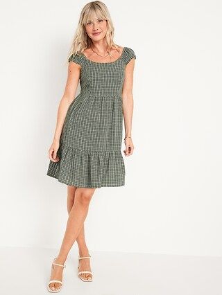 Fit & Flare Cap-Sleeve Plaid Smocked Mini Dress for Women | Old Navy (US)