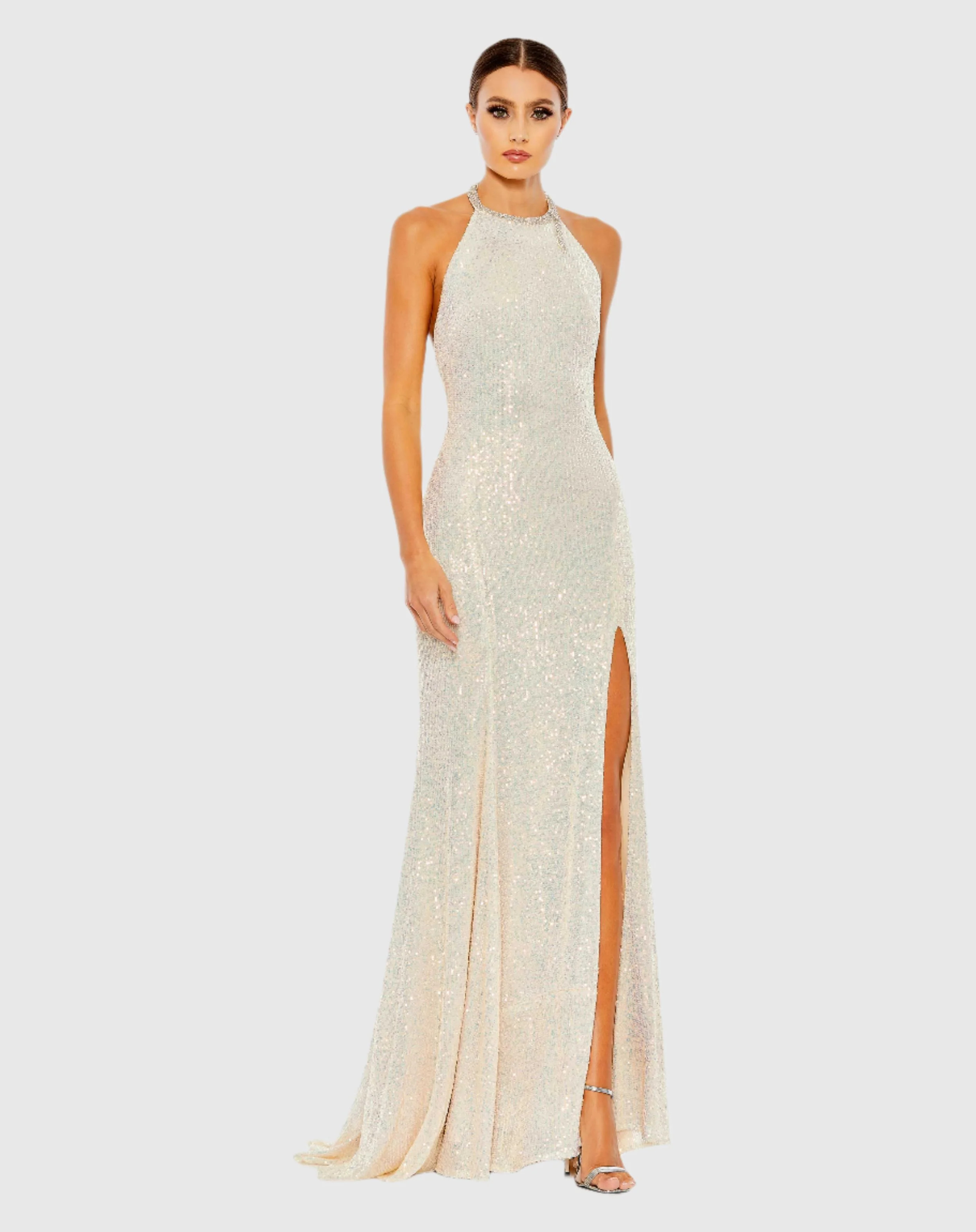 White Sequined High Neck Rhinestone Trim Column Gown - Mac Duggal | Mac Duggal