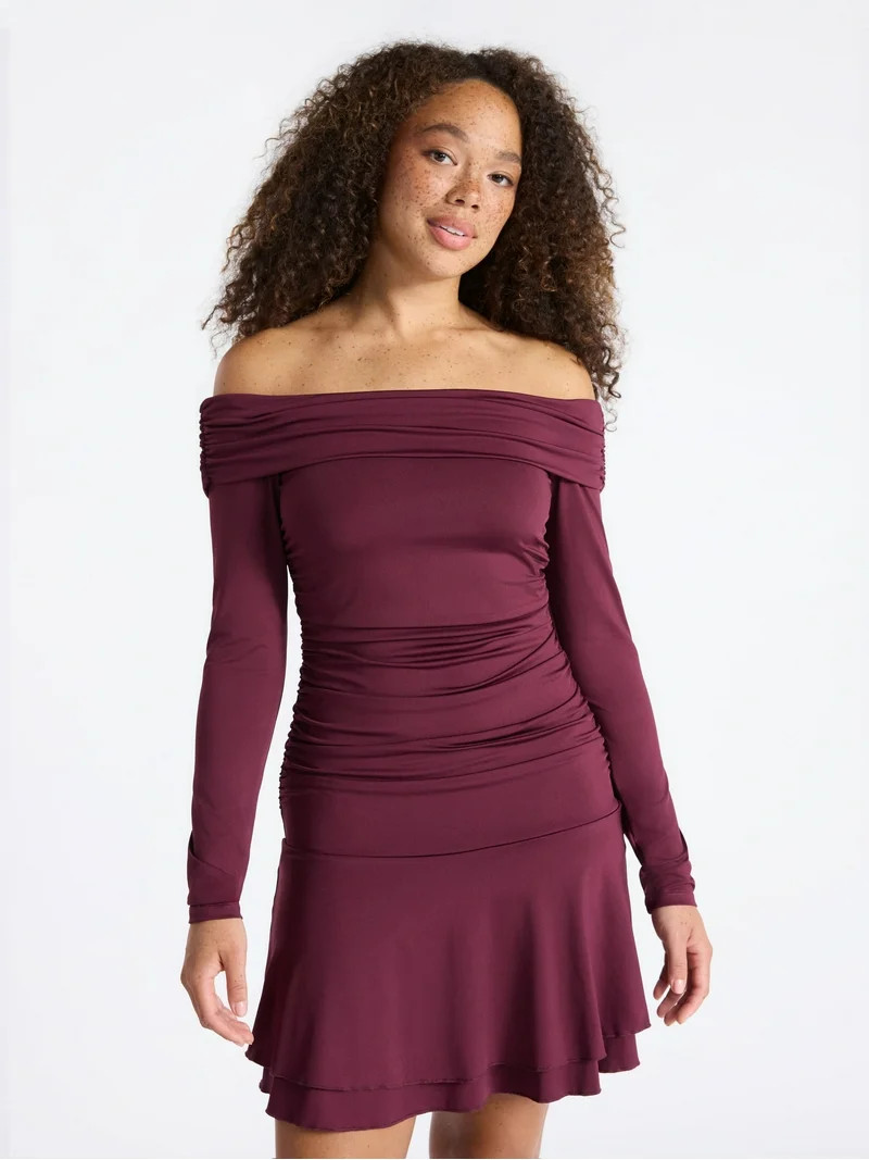 No Boundaries Off-The-Shoulder Mini Dress with Long Sleeves, Women's - Walmart.com | Walmart (US)
