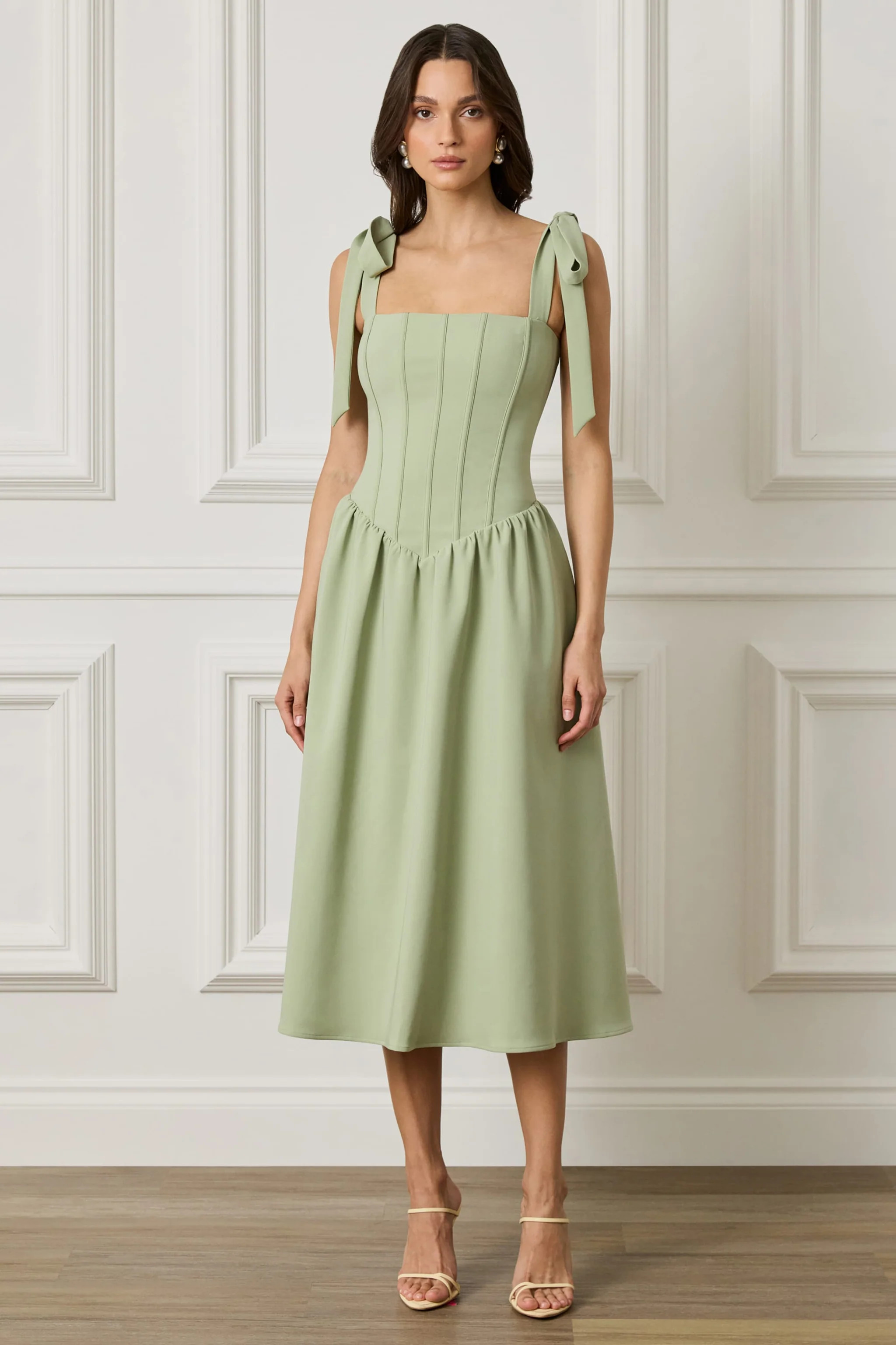 BLOSSOM Tie Shoulder Corset Midi Dress In Sage Green | Lavish Alice Retail Ltd