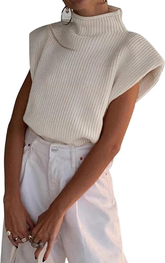 KMBANGI Women's Shoulder Pad Sweater Vest Top Turtleneck Wide Shoulder Solid Sleeveless Pullover Kni | Amazon (US)