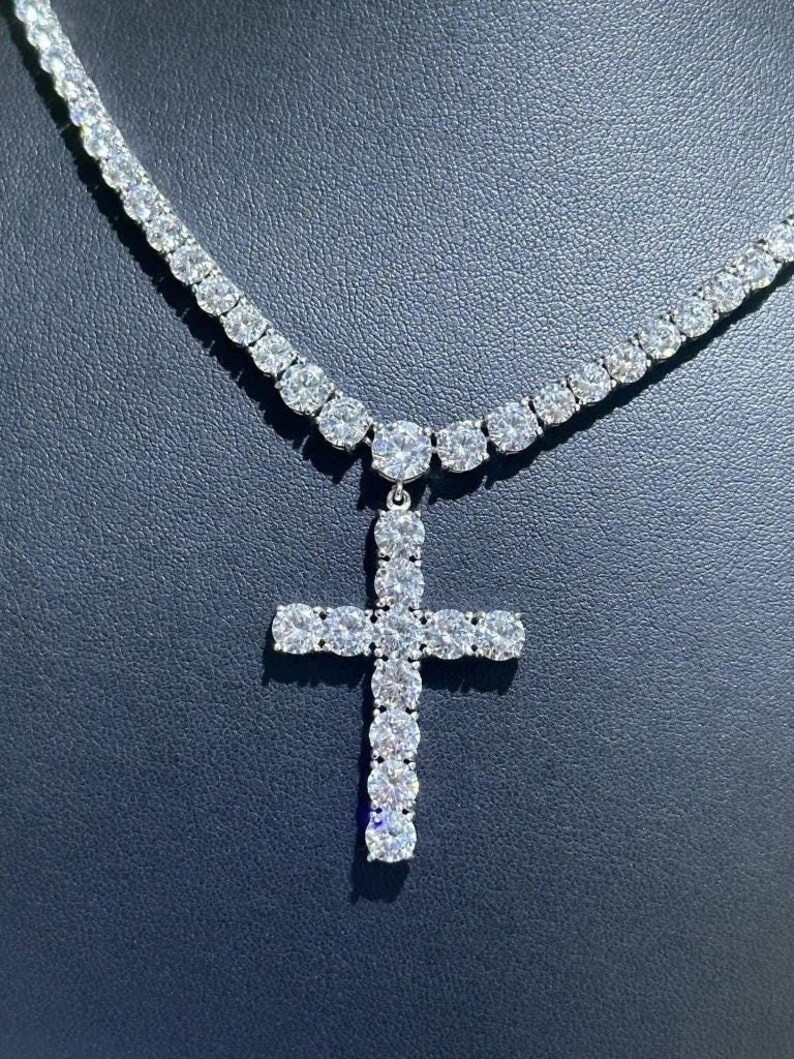 Platinum Over Sterling Silver Cross Design Simulated White Sapphire Tennis Necklace Bridal Gift -... | Etsy (US)
