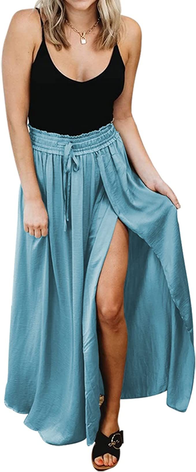 MISSJOY Women's Summer Satin Boho Elastic High Waist A-Line Split Pleated Casual Beach Maxi Skirt | Amazon (US)