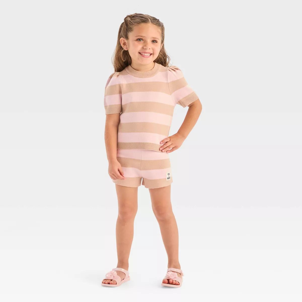 Grayson Mini Toddler Girls' Striped Puff Sleeve Sweater & Shorts Set - Beige | Target