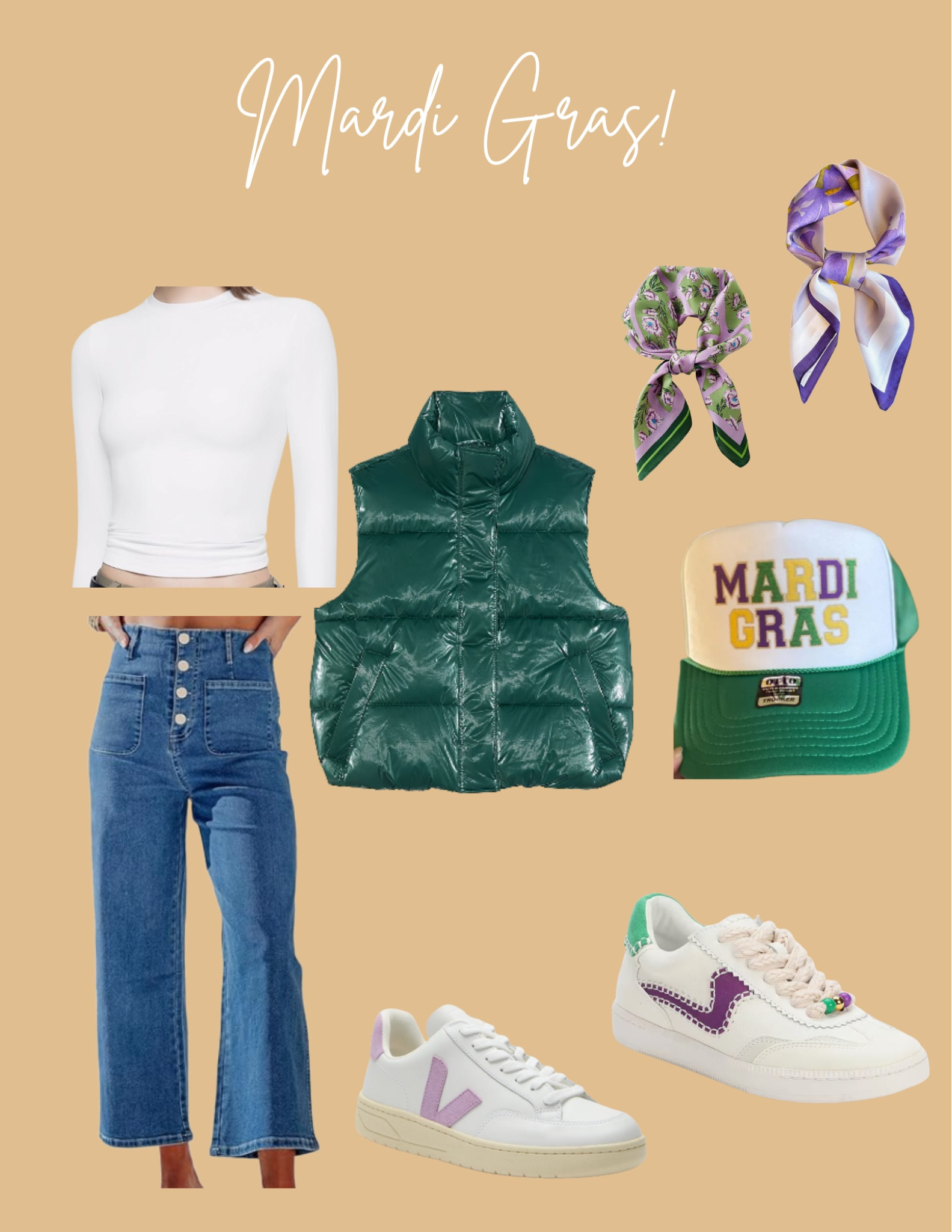 A cute outfit for Mardi Gras parade! I love the white long sleeve -I wear it all the time! Veja sneakers are so comfy as well🤩💚💜

#LTKSeasonal #LTKParties #LTKTravel