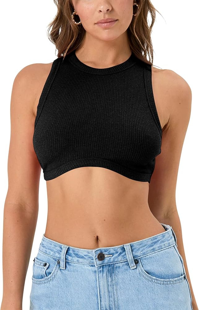 Lauweion Women’s Basic Sleeveless High Neck Crop Top Trendy Ribbed Knit Racerback Binding Crop ... | Amazon (US)