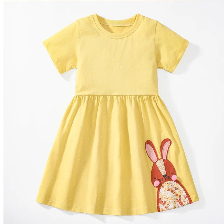 HILEELANG Toddler Girls Short Sleeve Dress Cotton Casual Yellow Bunny Applique Jersey Shirt Playw... | Walmart (US)