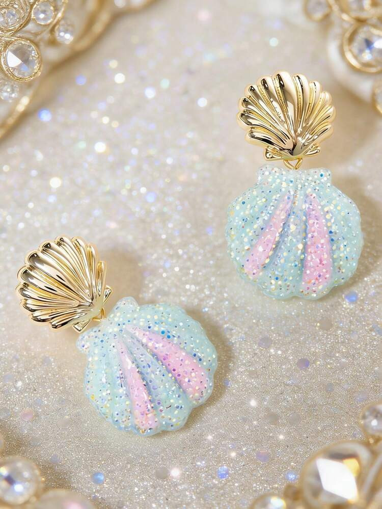 Mermaid Style Gold Shell Glitter Earrings - Shimmering Resin Pendant, Mermaidcore Glitter Shell Earrings, Beach Earrings, Summer Earrings - Gold Shell Top With Sparkly Resin Pendant | SHEIN