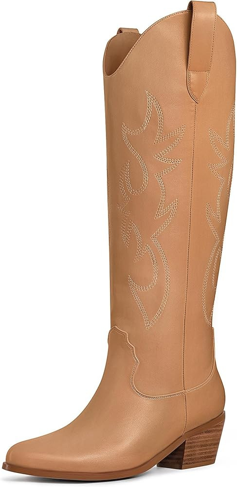 Ouepiano Cowboy Boots for Women Knee High Wide Calf Cowgirl Boots Embroidered Chunky Heels Pointe... | Amazon (US)